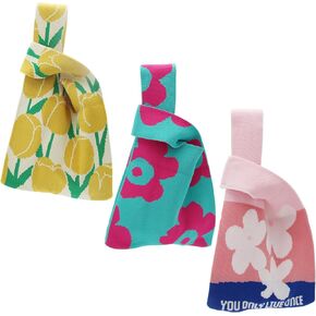 3 Pack Crochet Tote Bag for Women, Cute Knot Wrist Knitted Bag Durable Handbag Pouch, Casual Knit Purse for Outdoor Walking