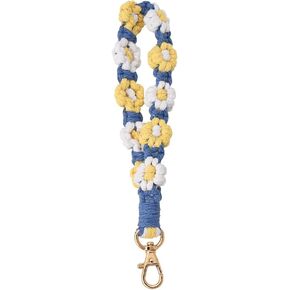 Cute Macrame Wristlet Keychain Handmade Braided Flower Wrist Lanyard for Keys Weave Bracelet Keychains Blue Daisy Keychain Wristlet Strap Floral Crochet Keychain for Women Girls Aesthetic Stuff