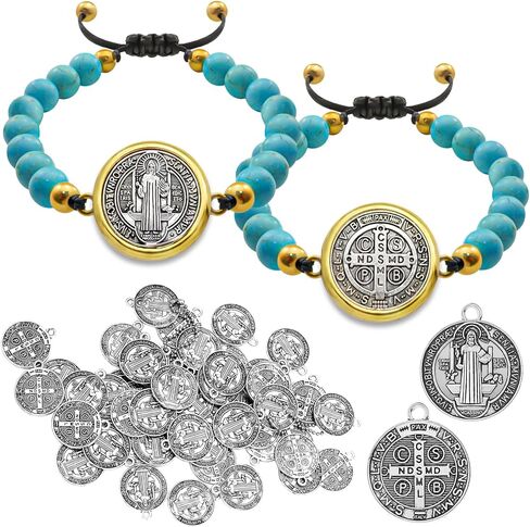 2 Pcs St Benedict Bracelets with 20 Pcs St Benedict Medals Bulk Set Catholic Amulet San Benito Medalla Adjustable Turquoise Rosary Bracelet for Women Men in Kuwait