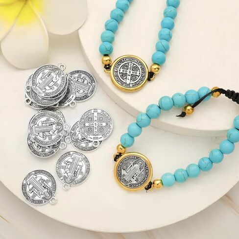 2 Pcs St Benedict Bracelets with 20 Pcs St Benedict Medals Bulk Set Catholic Amulet San Benito Medalla Adjustable Turquoise Rosary Bracelet for Women Men in Kuwait