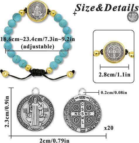 2 Pcs St Benedict Bracelets with 20 Pcs St Benedict Medals Bulk Set Catholic Amulet San Benito Medalla Adjustable Turquoise Rosary Bracelet for Women Men in Kuwait