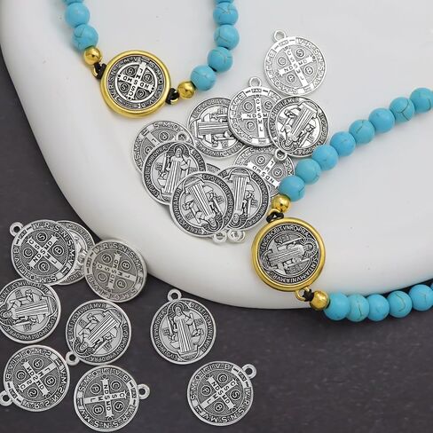 2 Pcs St Benedict Bracelets with 20 Pcs St Benedict Medals Bulk Set Catholic Amulet San Benito Medalla Adjustable Turquoise Rosary Bracelet for Women Men in Kuwait