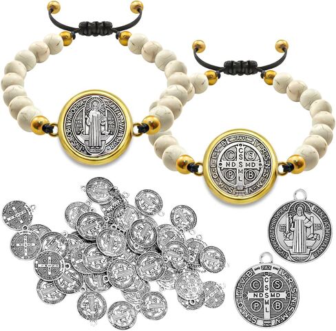 2 Pcs St Benedict Bracelets with 20 Pcs St Benedict Medals Bulk Set Catholic Amulet San Benito Medalla Adjustable Turquoise Rosary Bracelet for Women Men in Kuwait