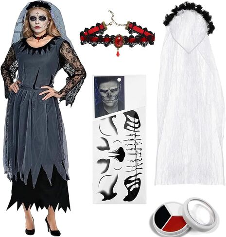 Corpse Bride Costume Women Halloween Day of the Dead Zombie Dress Women's Dia de los Muertos Rose Flower Costume in Saudi Arabia