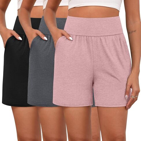 Neer 3 Pack Women's Athletic Shorts Lightweight 5'' High Waisted Elastic Wide Leg Yoga Lounge Casual Workout with Pockets in Saudi Arabia