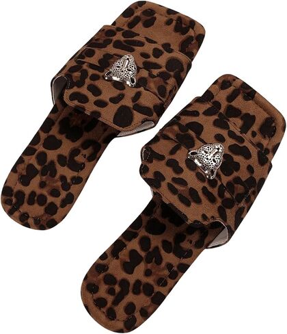 صنادل نسائية من GORGLITTER Y2k Leopard Cheetah مسطحة مربعة مفتوحة من الأمام معدنية مزخرفة in Saudi Arabia
