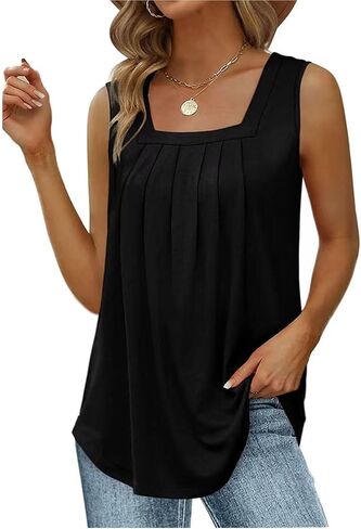 Women's Square Neck Sleeveless Tops Pleated Tunic Tank Tops in Kuwait