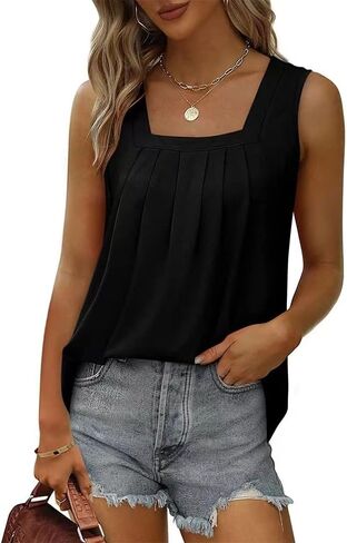 Women's Square Neck Sleeveless Tops Pleated Tunic Tank Tops in Kuwait
