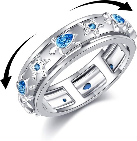 خاتم السلحفاة الدوار من الفضة الإسترليني عيار 925 لتخفيف القلق، هدية مجوهرات نجم البحر السلحفاة للنساء in Kuwait