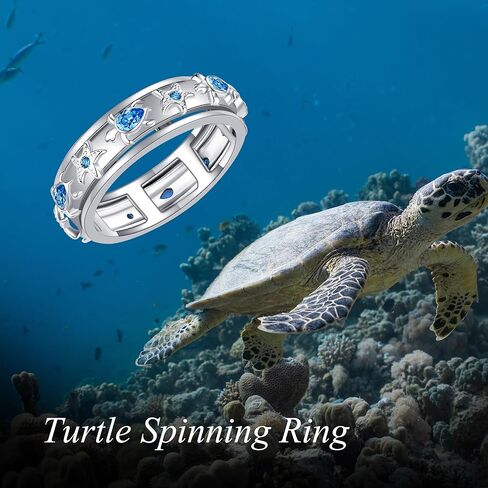 خاتم السلحفاة الدوار من الفضة الإسترليني عيار 925 لتخفيف القلق، هدية مجوهرات نجم البحر السلحفاة للنساء in Kuwait