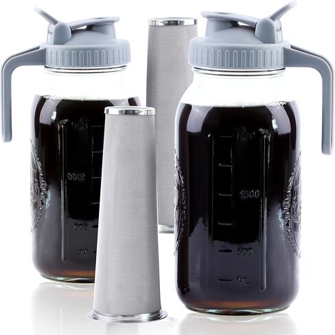 Cold Brew Coffee Maker 64 Oz Mason Jar Cold Brew Pitcher With Strainer Half Gallon Wide Mouth Glass Iced Coffee Maker With Spout Lids 2 Quart Glass Pitcher For Fridge, Sun Tea, Lemonade, Cold Brew in Kuwait