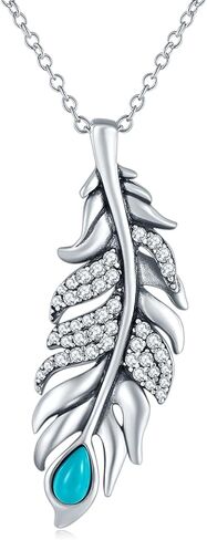 GW Silver Women Necklace 925 Sterling Silver Necklace Birthstone Created Turquoise/CZ Zircon Feather Pendant Necklaces in Kuwait
