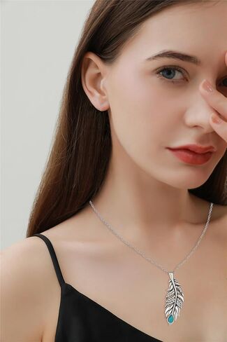 GW Silver Women Necklace 925 Sterling Silver Necklace Birthstone Created Turquoise/CZ Zircon Feather Pendant Necklaces in Kuwait