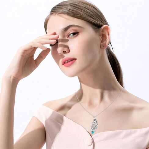 GW Silver Women Necklace 925 Sterling Silver Necklace Birthstone Created Turquoise/CZ Zircon Feather Pendant Necklaces in Kuwait