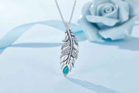 GW Silver Women Necklace 925 Sterling Silver Necklace Birthstone Created Turquoise/CZ Zircon Feather Pendant Necklaces in Kuwait