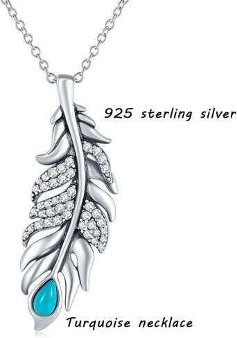 GW Silver Women Necklace 925 Sterling Silver Necklace Birthstone Created Turquoise/CZ Zircon Feather Pendant Necklaces in Kuwait