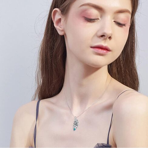GW Silver Women Necklace 925 Sterling Silver Necklace Birthstone Created Turquoise/CZ Zircon Feather Pendant Necklaces in Kuwait