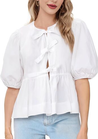 Womens Tie Front Top Peplum Babydoll Shirt 3/4 Puff Sleeve Blouse Bow Coquette Tshirt Y2K Going Out Trendy 2024 in Saudi Arabia