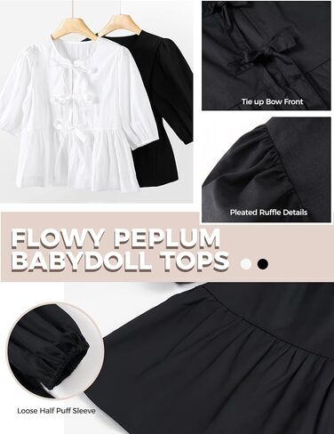 Womens Tie Front Top Peplum Babydoll Shirt 3/4 Puff Sleeve Blouse Bow Coquette Tshirt Y2K Going Out Trendy 2024 in Saudi Arabia