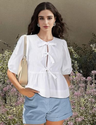 Womens Tie Front Top Peplum Babydoll Shirt 3/4 Puff Sleeve Blouse Bow Coquette Tshirt Y2K Going Out Trendy 2024 in Saudi Arabia