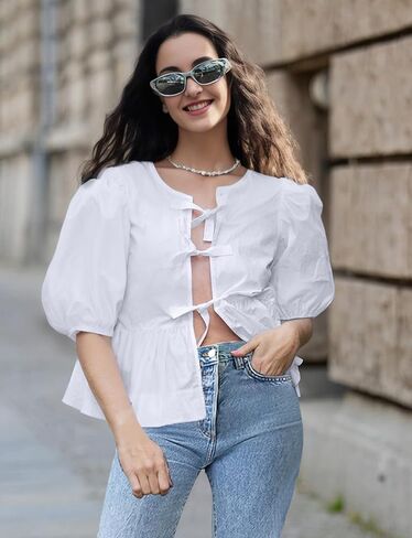 Womens Tie Front Top Peplum Babydoll Shirt 3/4 Puff Sleeve Blouse Bow Coquette Tshirt Y2K Going Out Trendy 2024 in Saudi Arabia