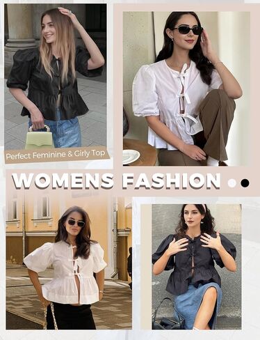 Womens Tie Front Top Peplum Babydoll Shirt 3/4 Puff Sleeve Blouse Bow Coquette Tshirt Y2K Going Out Trendy 2024 in Saudi Arabia