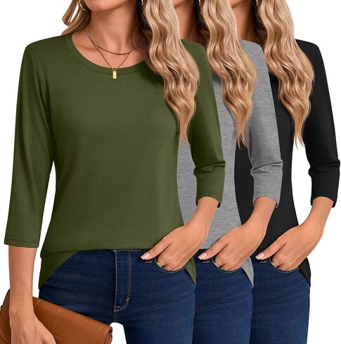 مجموعة من 3 قمصان نسائية من Riyiper بأكمام 3/4، تي شيرت كاجوال برقبة دائرية وقمصان تونيك أساسية فضفاضة ذات لون سادة in Kuwait