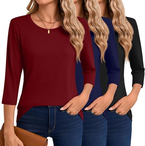 Riyiper 3 Pack Women’s 3/4 Sleeve Tops, Casual Crew Neck T Shirts Basic Loose Fit Tunic Tops Solid Color Tees in Saudi Arabia