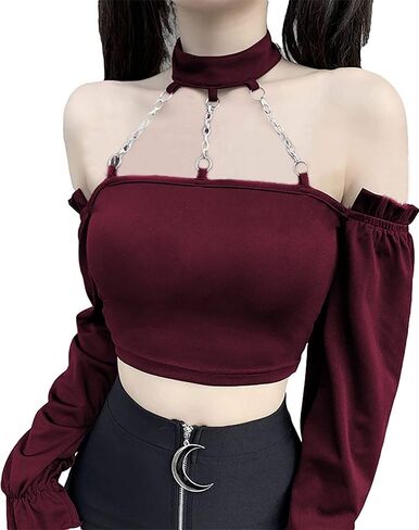 Dark Punk Crop Top with Chains Women Punk Off Shoulder Hollow Out Solid Backless Long Sleeve Tops in Kuwait
