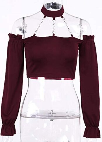 Dark Punk Crop Top with Chains Women Punk Off Shoulder Hollow Out Solid Backless Long Sleeve Tops in Kuwait