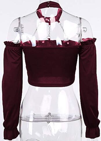 Dark Punk Crop Top with Chains Women Punk Off Shoulder Hollow Out Solid Backless Long Sleeve Tops in Kuwait