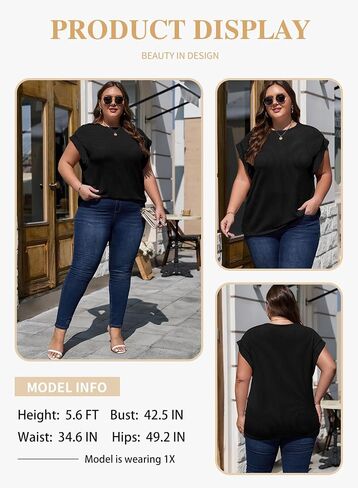 Eytino Womens Plus Size Tops Summer Cap Sleeve Crew Neck Casual Loose Solid Ribbed Knit Basic Tee Shirt(1X-5X) in Saudi Arabia