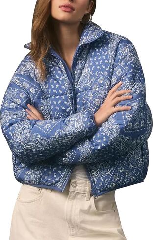 D-Sun Women's Cropped Puffer Quilted Jacket Floral Print Oversized Zip Puffer Jacket Open Front Coat Outerwear With Pockets in Saudi Arabia