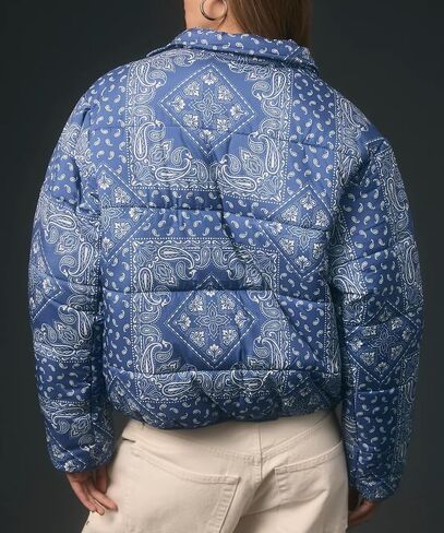 D-Sun Women's Cropped Puffer Quilted Jacket Floral Print Oversized Zip Puffer Jacket Open Front Coat Outerwear With Pockets in Saudi Arabia