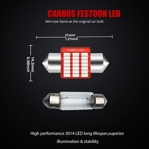 YEORO DE3175 6428 LED لمبة فائقة السطوع 21SMD 3014 رقائق 31 مم CANBUS Festoon DE3021 DE3022 3175 LED خريطة قبة داخلية لخطوات صندوق السيارة أضواء مجاملة. (10 عبوات) in Kuwait