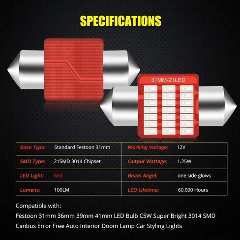 YEORO DE3175 6428 LED لمبة فائقة السطوع 21SMD 3014 رقائق 31 مم CANBUS Festoon DE3021 DE3022 3175 LED خريطة قبة داخلية لخطوات صندوق السيارة أضواء مجاملة. (10 عبوات) in Kuwait