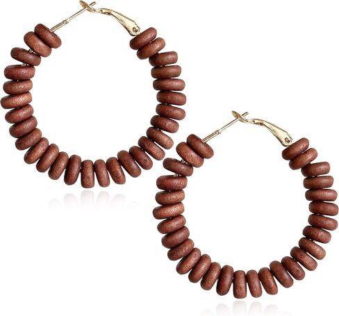 Handmade Nature Wooden Beaded Hoop Earrings Bohemian Minimalist Colorful Circle Round Wood Bead Earrings Vintage Chic Wooden Ethnic Dangle Drop Earrings for Women Statement Jewelry Gifts in Saudi Arabia
