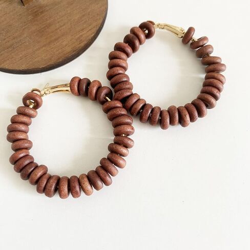 Handmade Nature Wooden Beaded Hoop Earrings Bohemian Minimalist Colorful Circle Round Wood Bead Earrings Vintage Chic Wooden Ethnic Dangle Drop Earrings for Women Statement Jewelry Gifts in Saudi Arabia