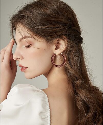 Handmade Nature Wooden Beaded Hoop Earrings Bohemian Minimalist Colorful Circle Round Wood Bead Earrings Vintage Chic Wooden Ethnic Dangle Drop Earrings for Women Statement Jewelry Gifts in Saudi Arabia