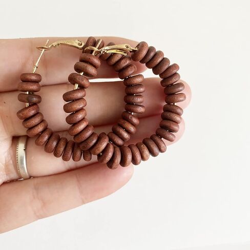 Handmade Nature Wooden Beaded Hoop Earrings Bohemian Minimalist Colorful Circle Round Wood Bead Earrings Vintage Chic Wooden Ethnic Dangle Drop Earrings for Women Statement Jewelry Gifts in Saudi Arabia