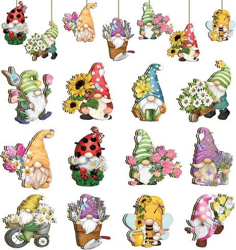 Spring Hanging Ornament Gnomes Flowers Wooden Hanging Decoration Colorful Floral Pendant with Hemp Rope for Home Party Wall Decor, 24 Pack in Saudi Arabia