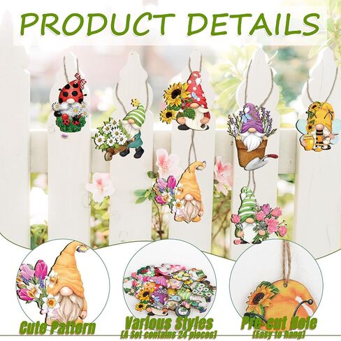 Spring Hanging Ornament Gnomes Flowers Wooden Hanging Decoration Colorful Floral Pendant with Hemp Rope for Home Party Wall Decor, 24 Pack in Saudi Arabia