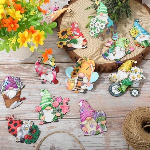 Spring Hanging Ornament Gnomes Flowers Wooden Hanging Decoration Colorful Floral Pendant with Hemp Rope for Home Party Wall Decor, 24 Pack in Saudi Arabia