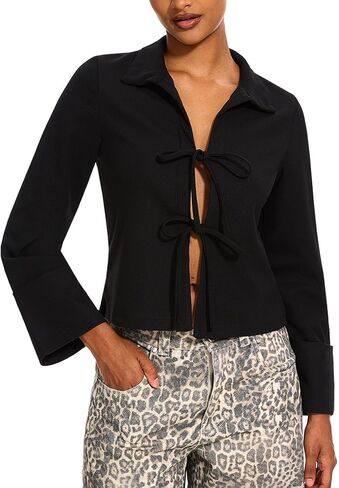 Women Tie Front Tops Long Sleeve Blouse Shirt V Neck Tie Front Cardigan Going Out Tops in Saudi Arabia