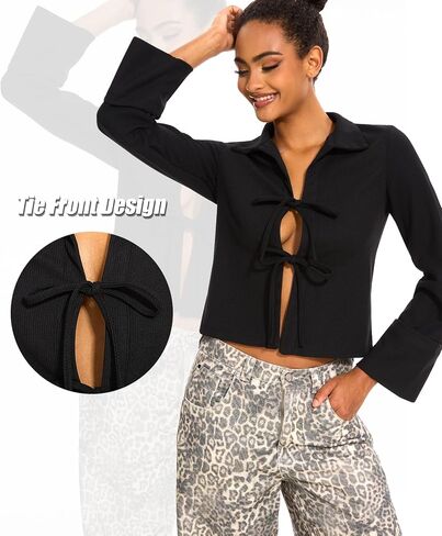 Women Tie Front Tops Long Sleeve Blouse Shirt V Neck Tie Front Cardigan Going Out Tops in Saudi Arabia