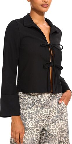 Women Tie Front Tops Long Sleeve Blouse Shirt V Neck Tie Front Cardigan Going Out Tops in Saudi Arabia