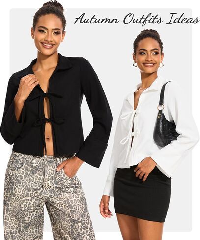 Women Tie Front Tops Long Sleeve Blouse Shirt V Neck Tie Front Cardigan Going Out Tops in Saudi Arabia