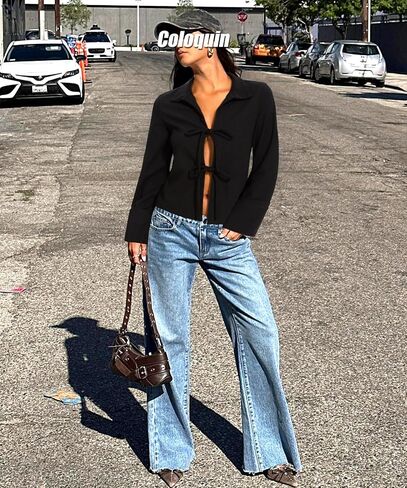 Women Tie Front Tops Long Sleeve Blouse Shirt V Neck Tie Front Cardigan Going Out Tops in Saudi Arabia