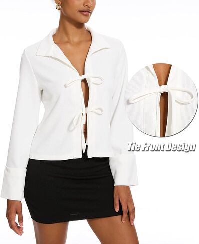 Women Tie Front Tops Long Sleeve Blouse Shirt V Neck Tie Front Cardigan Going Out Tops in Saudi Arabia