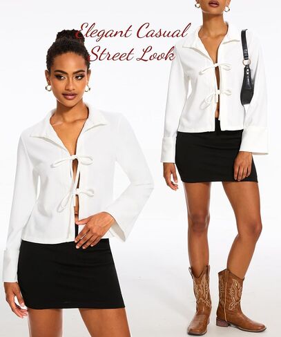 Women Tie Front Tops Long Sleeve Blouse Shirt V Neck Tie Front Cardigan Going Out Tops in Saudi Arabia